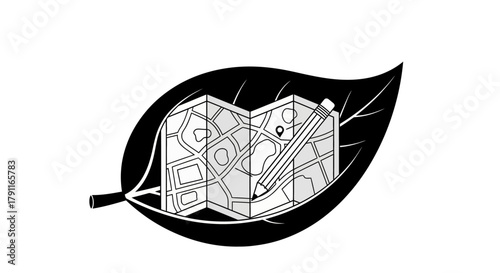 Illustration of a map and pencil on a leaf, symbolizing environmental planning or sustainable tourism.