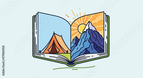 Illustration of an open book with a camping scene on one page and a mountain scene on the other.