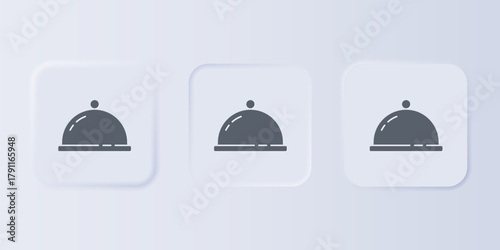 Grey Covered with a tray of food icon isolated on grey background. Tray and lid sign. Restaurant cloche with lid. Set icons in square buttons. Vector