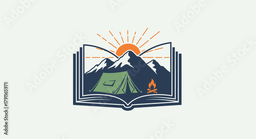 Illustration of a book with a camping scene inside, featuring mountains, a tent, and a campfire.