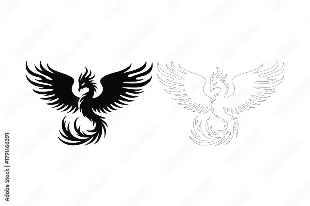 Fototapeta premium Black silhouette of a mythical phoenix bird with spread wings and a faded outline