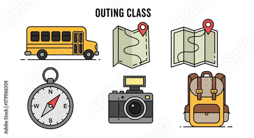 Outing class icons: bus, maps, compass, camera, and backpack.