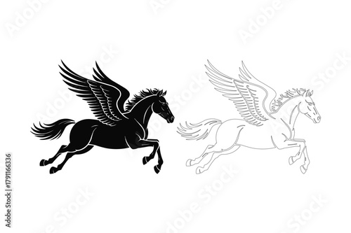 Mythical pegasus horse flying with shadow silhouette