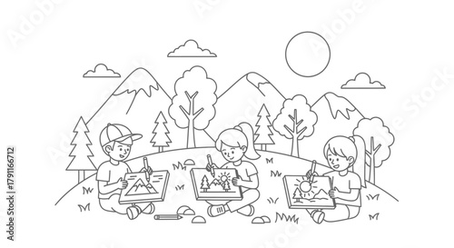 Three children are drawing the landscape in front of them on their sketchpads.