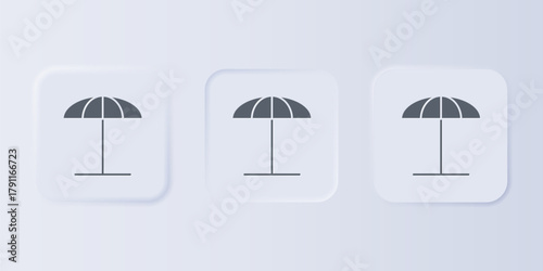 Grey Sun protective umbrella for beach icon isolated on grey background. Large parasol for outdoor space. Beach umbrella. Set icons in square buttons. Vector