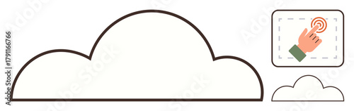 Minimalist cloud design with hand interacting via touch icon. Ideal for technology, cloud storage, networking, digital innovation, user interaction, internet infrastructure, simple flat metaphor
