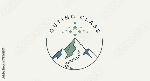Outing Class logo featuring a mountain range, footprints, and stars inside a circle.