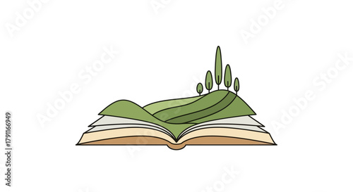 Illustration of an open book with a landscape scene on its pages.