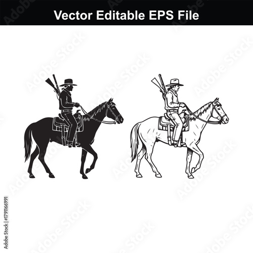 Silhouette and line art of a cowboy riding a horse with a rifle