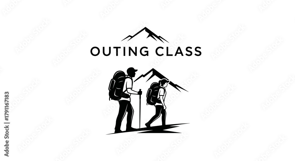 Fototapeta premium Outing Class logo with two hikers and a mountain range in the background.