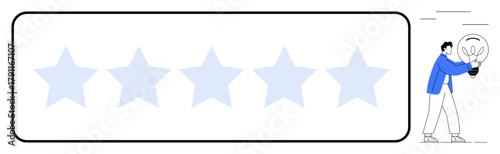 Glowing bulb held by user near a 5-star rating emphasizing ideas, reviews, goals, feedback, innovation, engagement. Ideal for creativity, teamwork, quality improvement evaluation user experience