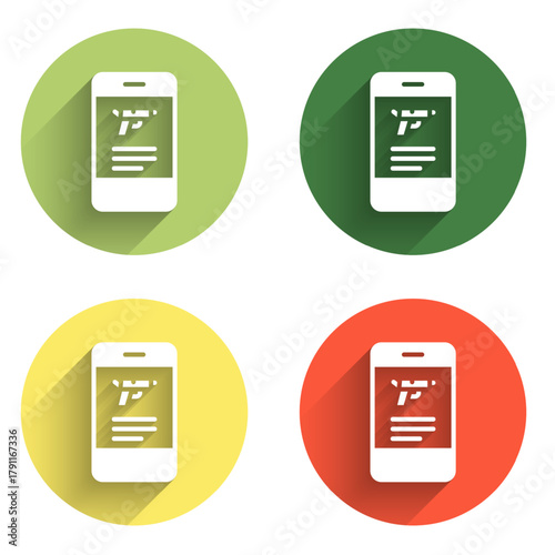 Set Hunting shop with rifle and gun weapon in mobile app icon isolated with long shadow background. Supermarket or store with weapon equipment. Color circle button. Vector