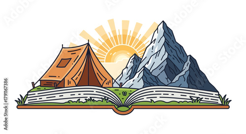 Illustration of a tent and mountains emerging from an open book, with sun rays in the background.