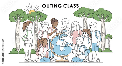 A group of children gathered around a globe during an outing class.