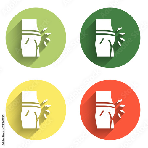 Set Abdominal bloating icon isolated with long shadow background. Constipation or diarrhea. Color circle button. Vector