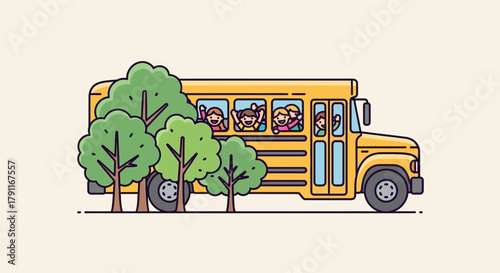 Illustration of a yellow school bus with children waving from the windows, partially obscured by trees.