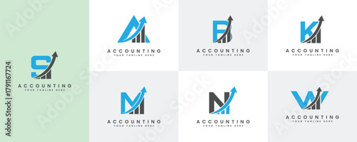 Collection of abstract letter logos with upward trending bar graph and arrow accounting finance