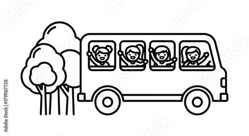 Illustration of a school bus with children waving from the windows.