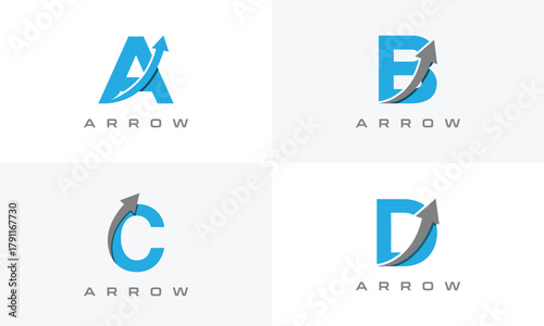 Four abstract logos with letters A B C D and upward pointing arrows vector