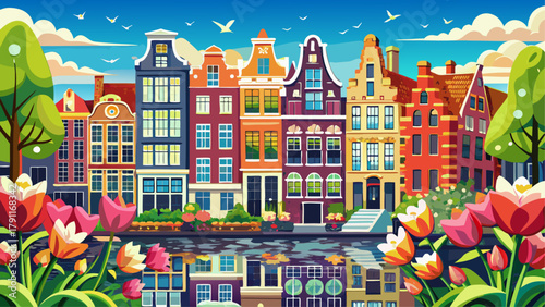 Very beautiful scene of traditional old buildings and blooming tulips in Amsterdam, Netherlands, featuring colorful facades, canal reflections, spring atmosphere, and vibrant floral details.