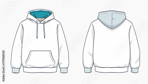 White Pullover Hoodie Technical Fashion Flat with Contrast Hood Lining and Kangaroo Pocket