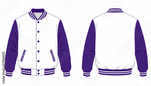 Varsity Jacket Technical Fashion Flat with Purple Sleeves and Striped Ribbing, Front and Back
