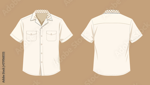 Short Sleeve Camp Collar Shirt Technical Flat with Chest Pockets and Patterned Detail
