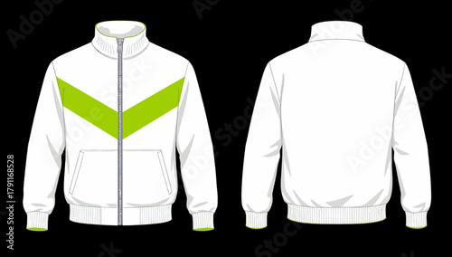 White Track Jacket Technical Flat with Green Chevron Detail, Full Zip Mock Neck