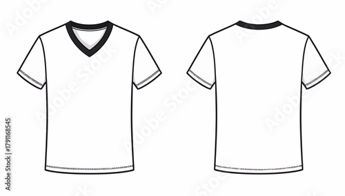 White V-Neck T-Shirt Technical Fashion Flat Template with Contrast Neckband, Front and Back