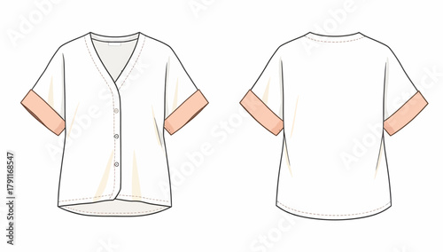 Women's Short Sleeve Button-Up Blouse Technical Fashion Flat with Contrast Cuffed Sleeves