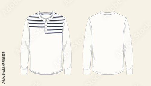 Long Sleeve Henley Shirt Technical Fashion Flat with Striped Yoke, Front and Back View