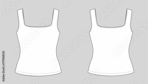 White Women's Square Neck Tank Top Technical Fashion Flat Template, Front and Back View