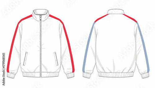 White Track Jacket Technical Fashion Flat with Contrasting Stripes, Front and Back View