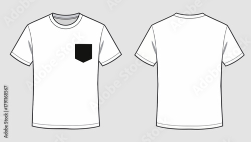 White T-Shirt Technical Fashion Flat Template with Pocket, Front and Back View