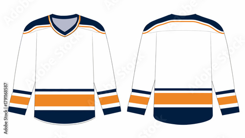 Ice Hockey Jersey Technical Sketch – Long Sleeve V-Neck Team Uniform Front and Back View CAD Template in Navy Blue and Orange with Stripe Details