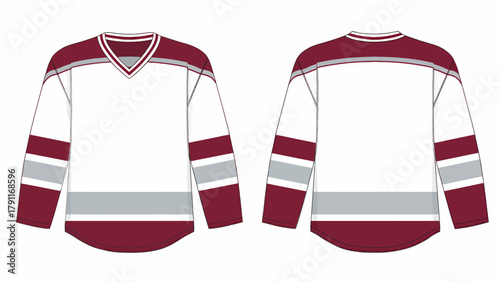 Ice Hockey Jersey Technical Sketch – Long Sleeve V-Neck Team Uniform Front and Back View CAD Template with Stripe Details in Burgundy and Gray for Sportswear Mockup