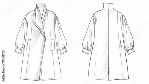 Voluminous Coat Technical Sketch – High Stand Collar Wrap Style Jacket with Balloon Sleeves Front and Back View Fashion Flat CAD Template