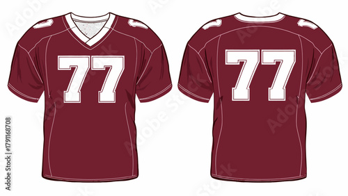 American Football Jersey Technical Sketch – Maroon V-Neck Team Uniform Front and Back View CAD Template with Number 77 for Sportswear Mockup