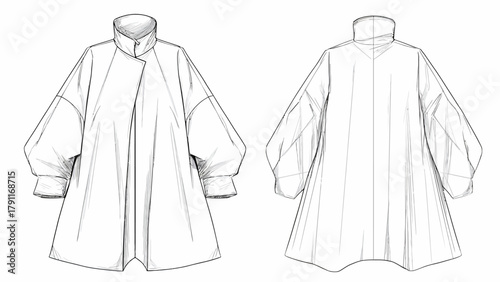 Voluminous Dolman Sleeve A-Line Coat Technical Sketch – Vector Illustration of Asymmetric High Collar Jacket Front and Back View Fashion Flat CAD Template