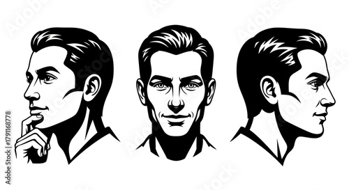 Handsome Man Head Portrait Set – Front and Profile View Black and White Vector Illustration for Business, Fashion, and Modern Design