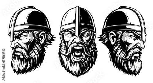 Viking Warrior Head Portrait Set – Roaring Front View and Profile Black and White Vector Illustration for Mythology, Brotherhood, and Sport Logos