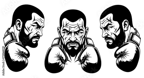 Intense Boxer Head Portrait Set – Front and Profile View Black and White Vector Illustration for Sport, Fight Club, and Gym Logos