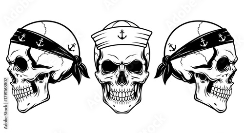 Vintage Sailor Skull Set with Anchor Bandana and Cap - Maritime Pirate and Nautical Theme Vector Illustration