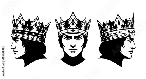 Serious Medieval King Head with Crown Set - Royal Monarch Black and White Vector Illustration for Mascot and Luxury Brand