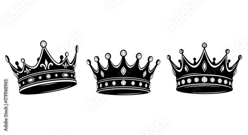 Set of Royal Crown Vector Icons with Jewels - Vintage Black and White Symbol of King, Luxury, and Success