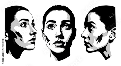 Beautiful Woman's Face High Contrast Portrait Set - Black and White Vector Illustration for Beauty, Fashion, and Cosmetics Design