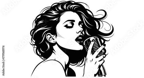 Beautiful Woman Singing with Vintage Microphone - Pop Art Style Vector Illustration for Music, Karaoke, and Entertainment Poster