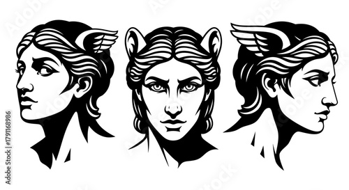 Classical Hermes or Mercury God Head Set - Greek Mythology Winged Messenger Vector Illustration for Logo and Design