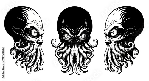 Furious Kraken or Cthulhu Monster Head Set - Deep Sea Creature Vector Illustration for Horror and Gaming Mascot
