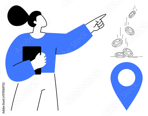 Woman holding tablet pointing toward coins falling near location marker. Ideal for business strategy, financial planning, investment, economy, decision-making, goals, progress. Simple flat metaphor